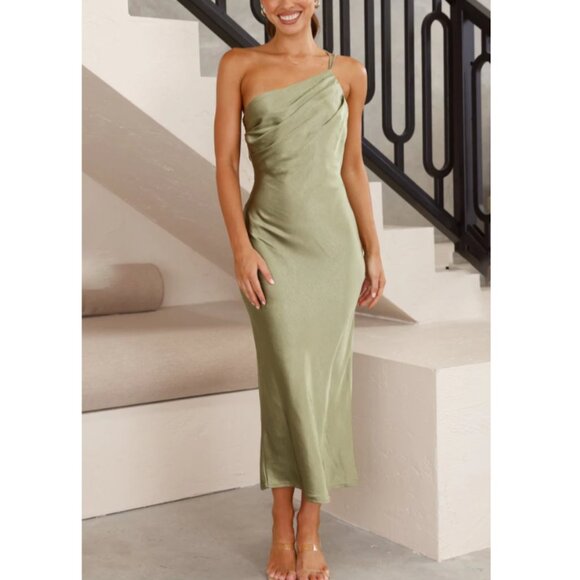 Billy J One Shoulder Satin‎ Maxi Dress Olive Size 6 - Picture 1 of 5